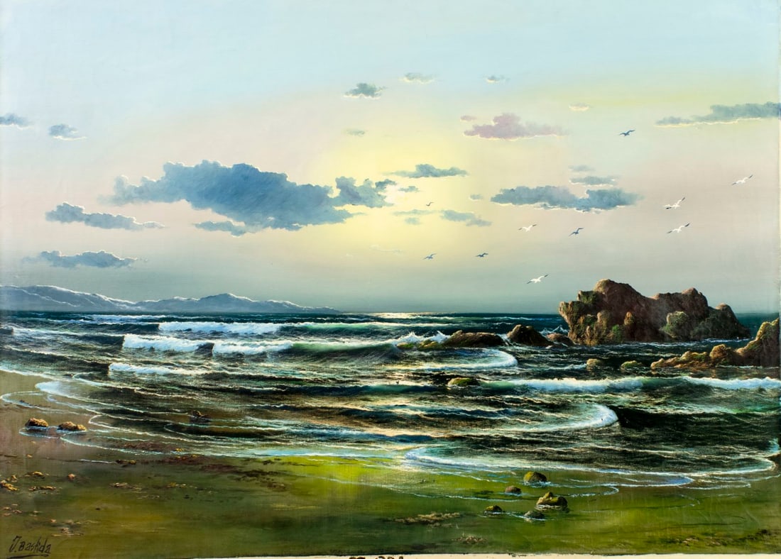 Jesus Bastida (Spain,1936-?) oil painting: ARTIST: Jesus Bastida (Spanish, 1936 - ???) TITLE: Sunset Seascape with Gulls MEDIUM: oil on canvas CONDITION: Unstretched (In-House stretching available) (In-House stretc