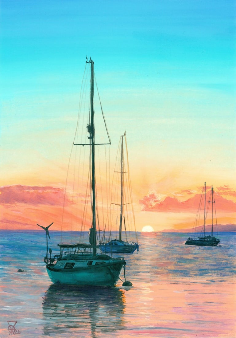 Oleksandr Pukhno (Ukraine,20/21C) oil painting: ARTIST: Oleksandr Pukhno (Ukraine, 20/21 centuries) TITLE: Sunset Seascape with Sailboats MEDIUM: oil on heavy paper CONDITION: Very good. No visible inpaint under UV light.