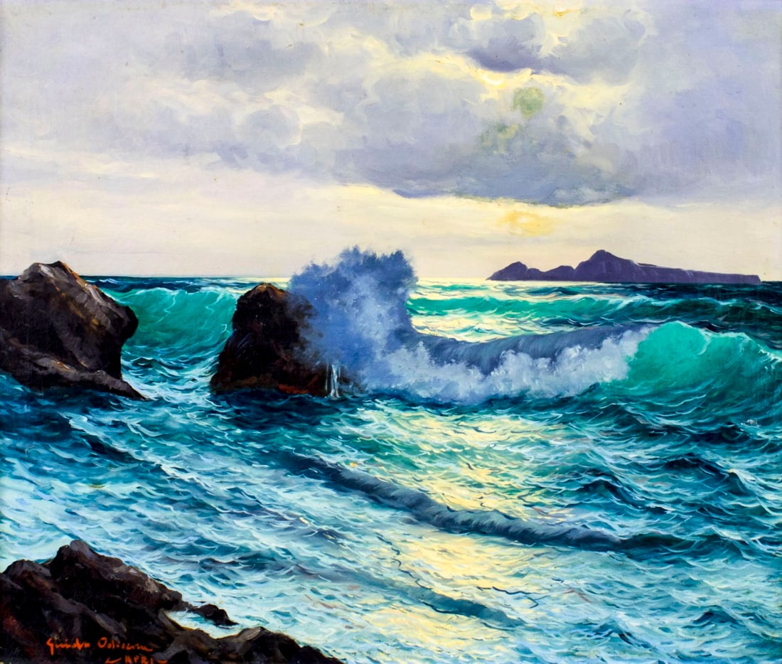 Guido Odierna (Italy,1913-1991) oil painting: ARTIST: Guido Odierna (Italian, 1913 - 1991) NAME: Capri Seascape MEDIUM: oil on canvas CONDITION: Few minor paint losses. Three patch repairs with corresponding inpaintings. Minor craquelur