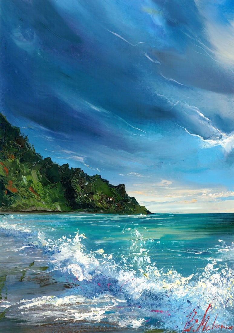 Melania Balanyuk (Ukraine,20/21C) oil painting: ARTIST: Melania Balanyuk (Ukrainian, 20/21 centuries) TITLE: Coastal Seascape MEDIUM: oil on heavy paper CONDITION: Very good. No visible inpaint under UV light.