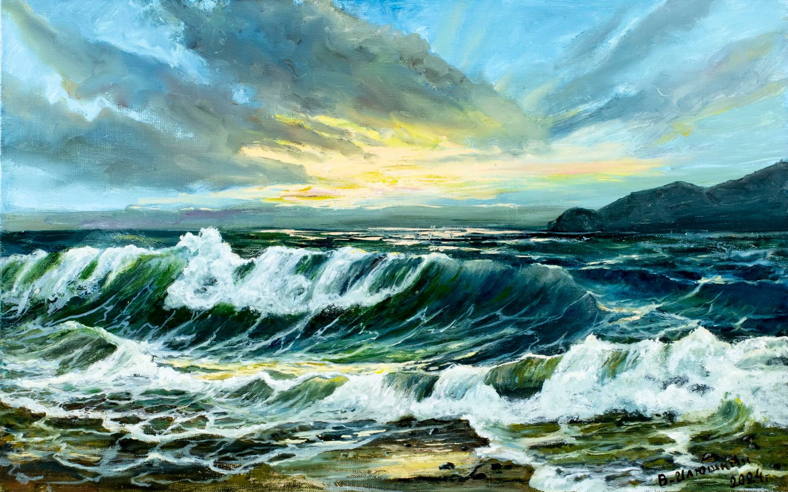 Viktor Ilyushkin (Russia,b 1946) oil painting: ARTIST: Viktor Nikolayevich Ilyushkin (Russian, born 1946) TITLE: Sunset Seascape, Arkhipki, Russia (titled on verso) MEDIUM: oil on canvas CONDITION: Unstretched (In-House