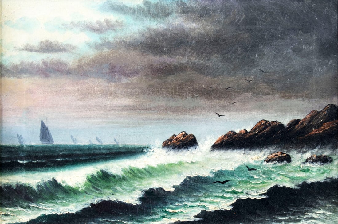 Antique early 20C American oil painting: ARTIST: - (American, early 20 century) TITLE: Seascape with Sailboats MEDIUM: oil on canvas CONDITION: Some craquelure. No visible inpaint under UV light. Some damages to