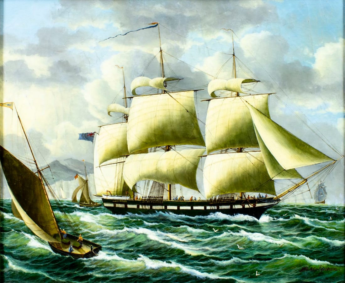 B Molyneux (US,20C) oil painting: ARTIST: B Molyneux (American, 20 century) TITLE: Sail Ship MEDIUM: oil on canvas CONDITION: Few minor paint losses. Some craquelure. No visible inpaint under UV light.