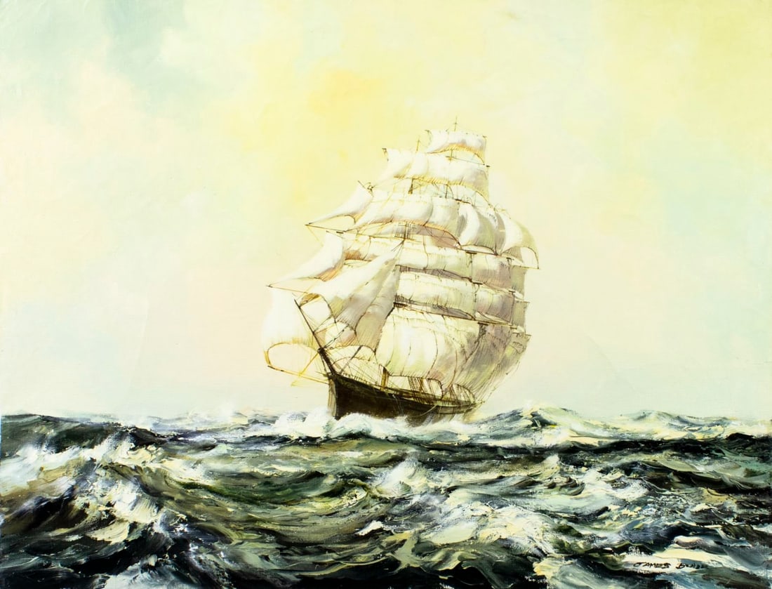 James Blade (UK,20C) oil painting: ARTIST: James Blade (United Kingdom, 20 century) TITLE: Seascape with Sail Ship MEDIUM: oil on canvas CONDITION: Unstretched (In-House stretching available) (In-House stretc