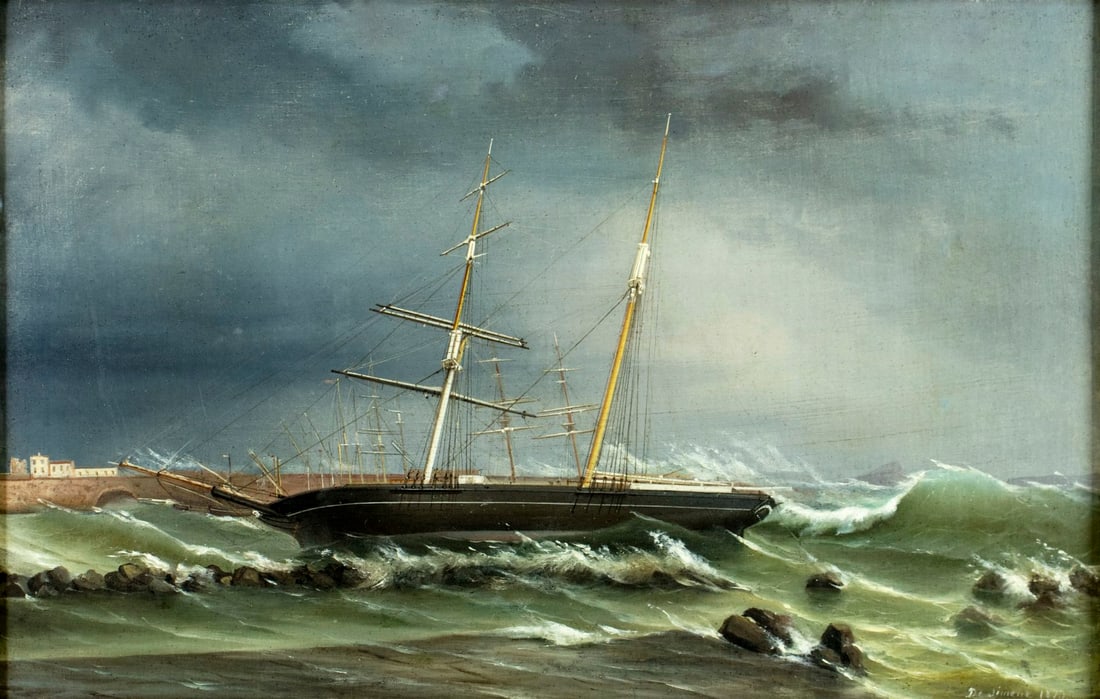 Tommaso De Simone (Italy,1805-1888) oil painting antique: ARTIST: Tomaso De Simone (Italian, c. 1805 - 1888) TITLE: Stormy Seascape with Ship YEAR: 1873 MEDIUM: oil on canvas CONDITION: Relined. Few minor pain