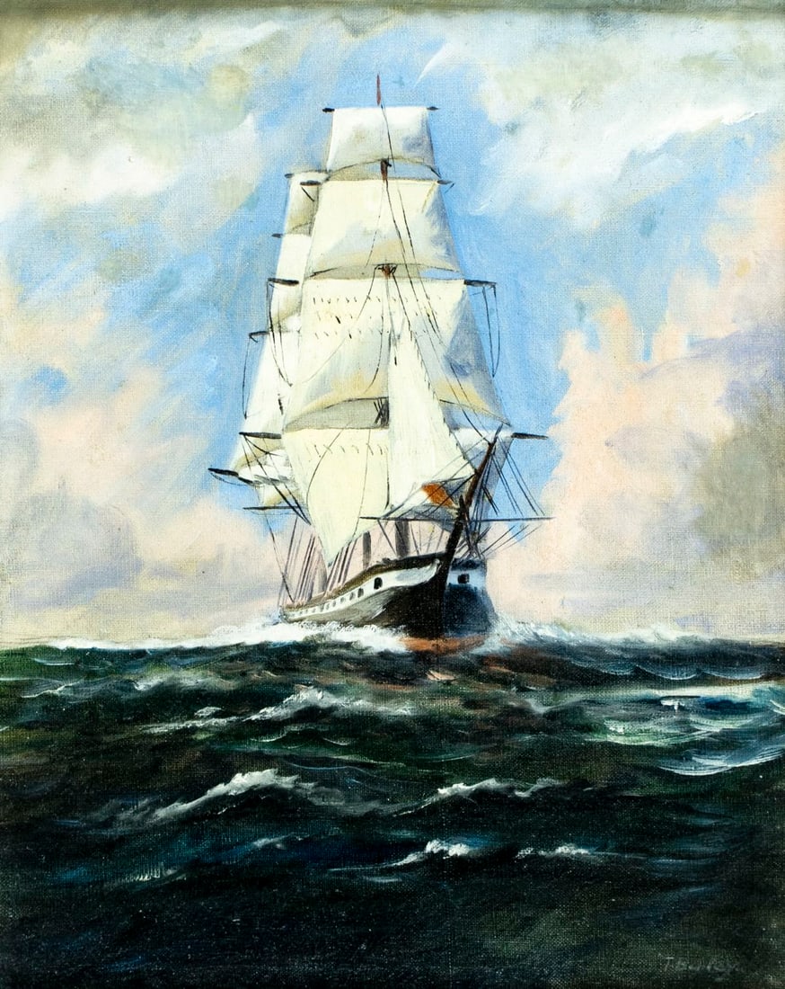 T Bailey (MA,19/20C) oil painting antique: ARTIST: T Bailey (Massachusetts, 19/20 centuries) TITLE: Sail Ship MEDIUM: oil on canvas CONDITION: Very good. Minor craquelure. No visible inpaint under UV light. Wear to f