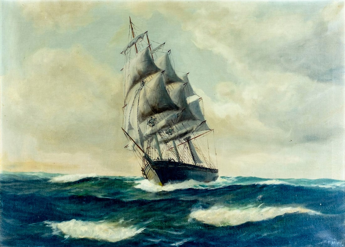 T Bailey (MA,19/20C) oil painting antique: ARTIST: T Bailey (Massachusetts, 19/20 centuries) TITLE: Sail Ship MEDIUM: oil on canvas CONDITION: Some scratches/paint losses mostly in the lower right quadrant. Minor cra