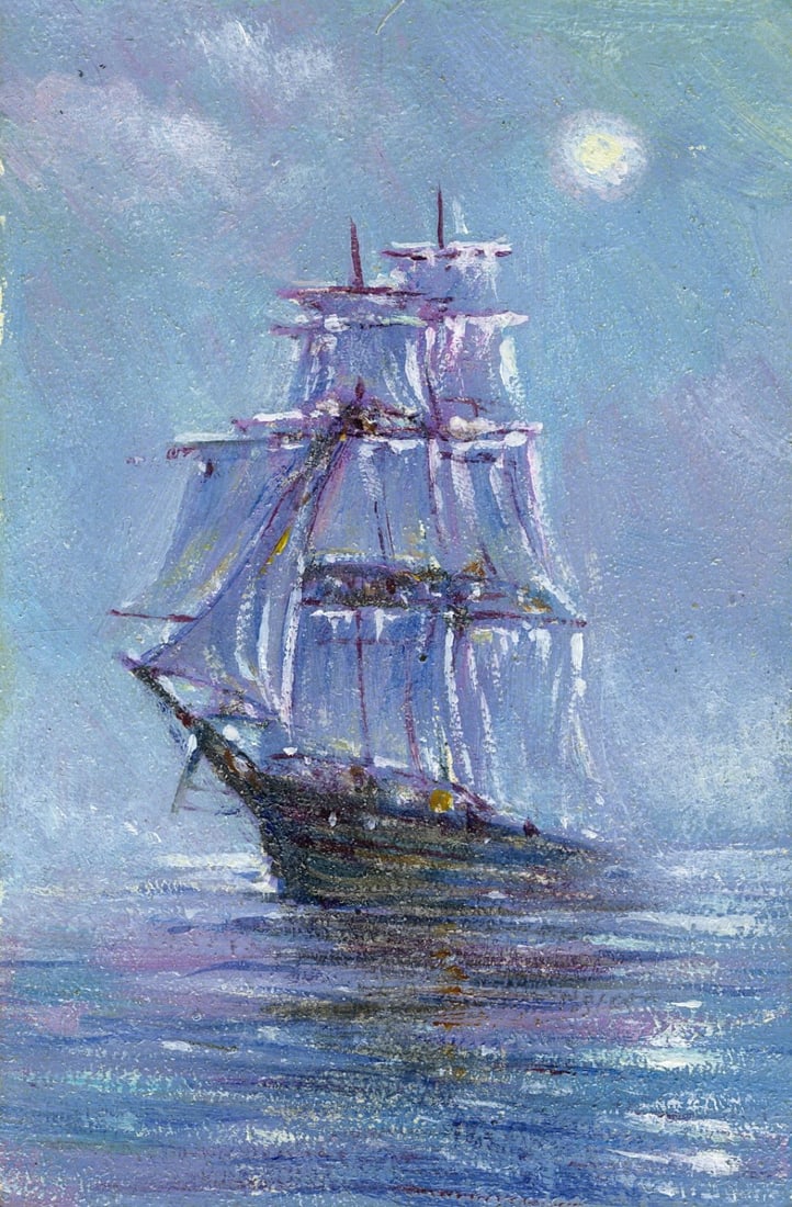 Vadim Kuzmenko (Ukraine,b 1961) oil painting: ARTIST: Vadim Kuzmenko (Ukraine, born 1961) TITLE: Seascape with Sail Ship (titled on verso) MEDIUM: oil on board CONDITION: Very good. No visible inpaint under UV light.