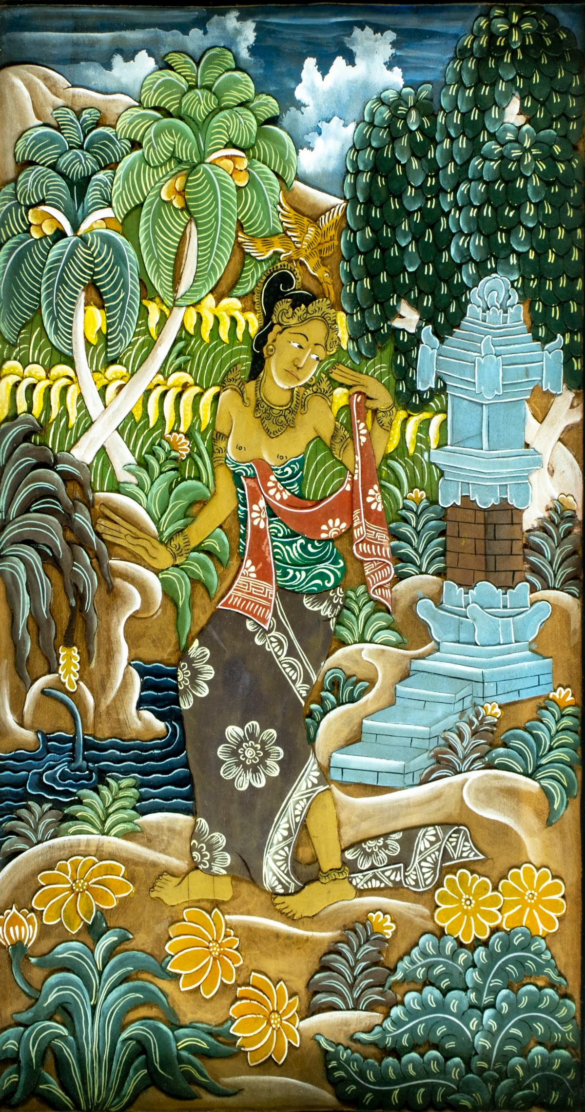 Vintage 20C Indonesian mixed media painting: ARTIST: - (Indonesia, 20 century) TITLE: Indonesian Landscape MEDIUM: mixed media on board CONDITION: Overall good. Framed under glass. Minor damages to frame. AR