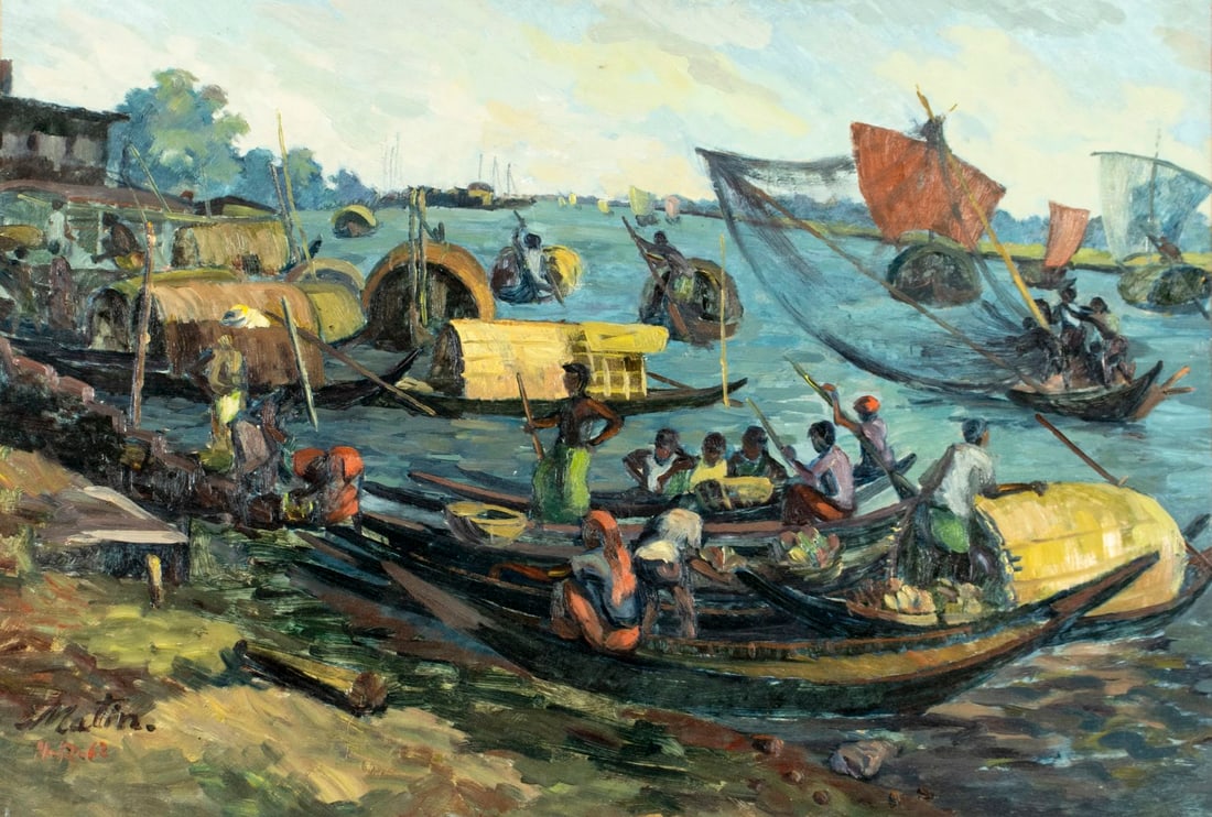 Matin (Europe,mid 20C) oil painting: ARTIST: Matin (European, mid 20 century) TITLE: Asian River Scene YEAR: 1963 MEDIUM: oil on board CONDITION: Few small scratches mostly by the lower edge
