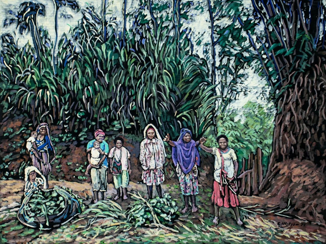 Evelyn Metzger (NY,Brazil,1911-2007) oil painting: ARTIST: Evelyn Borchard Metzger (New York, Brazilian, 1911 - 2007) TITLE: Asian Farm Workers YEAR: 1994 MEDIUM: oil on board CONDITION: Overall good. N