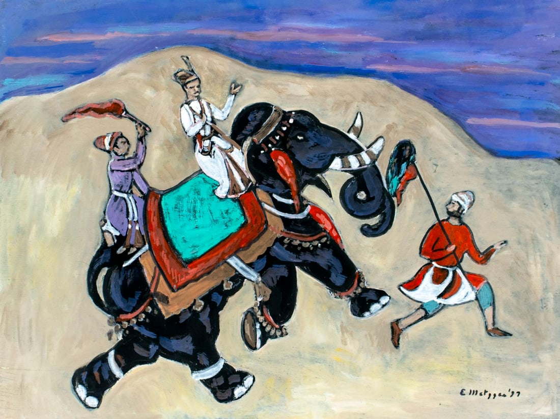 Evelyn Metzger (NY,Brazil,1911-2007) oil painting: ARTIST: Evelyn Borchard Metzger (New York, Brazilian, 1911 - 2007) TITLE: Indian Elephant Procession YEAR: 1997 MEDIUM: oil on board CONDITION: Some wa