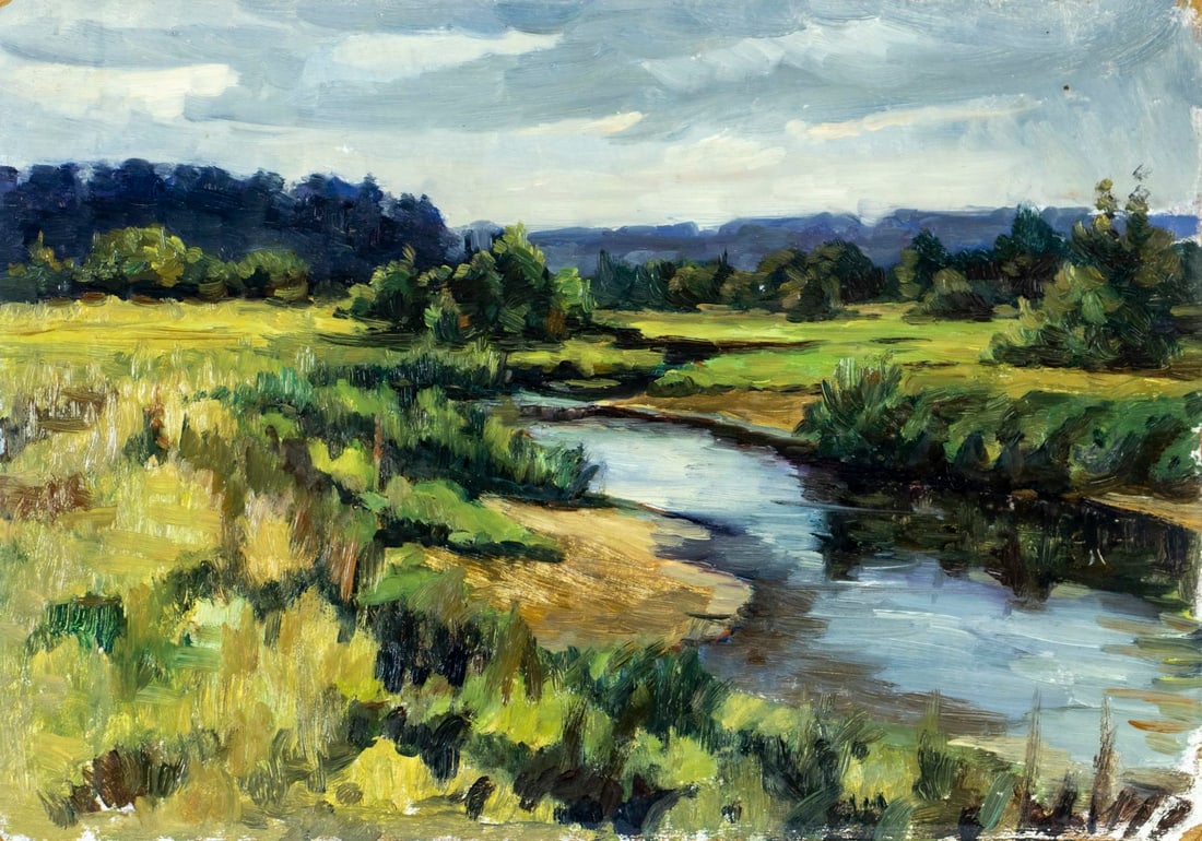 Romanov (Russia,mid 20C) oil painting: ARTIST: Romanov (Russian, mid 20 century) TITLE: Forest Landscape (titled on verso) YEAR: 1959 MEDIUM: oil on board CONDITION: Some damages to corners an