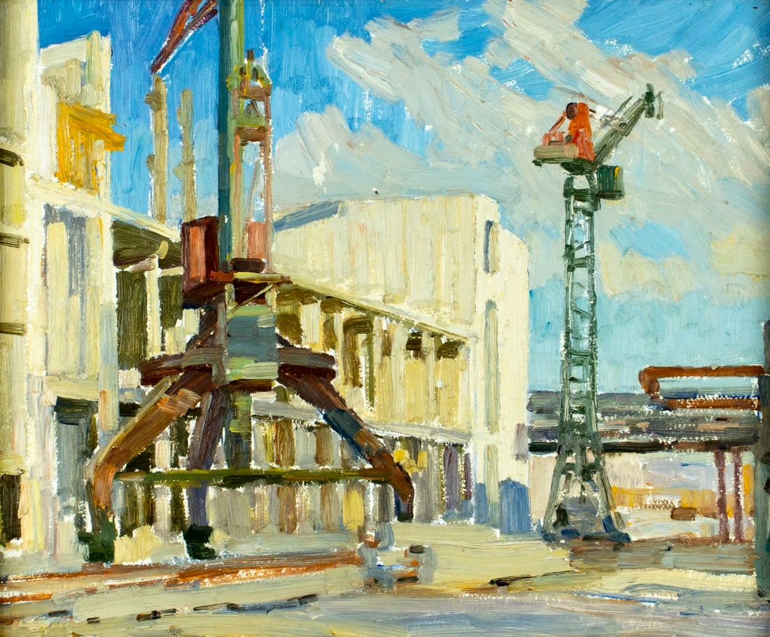 ATTR Vladimir Chernikov (Ukraine,1918-1992) oil painting: ARTIST: ATTRIBUTED TO Vladimir Mikhailovitch Chernikov (Ukrainian, 1918 - 1992) TITLE: Cityscape - Buildings Under Construction MEDIUM: oil on board CONDITION: Few small p