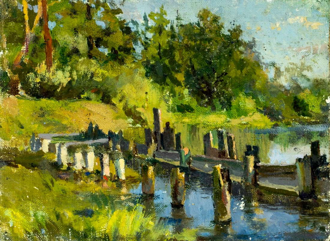 E V Soloviev (Russia,mid 20C) oil painting: ARTIST: E V Soloviev (Russian, mid 20 century) TITLE: Landscape - At the Old Dam (titled on verso) YEAR: 1959 MEDIUM: oil on canvas. Canvas applied to board. COND