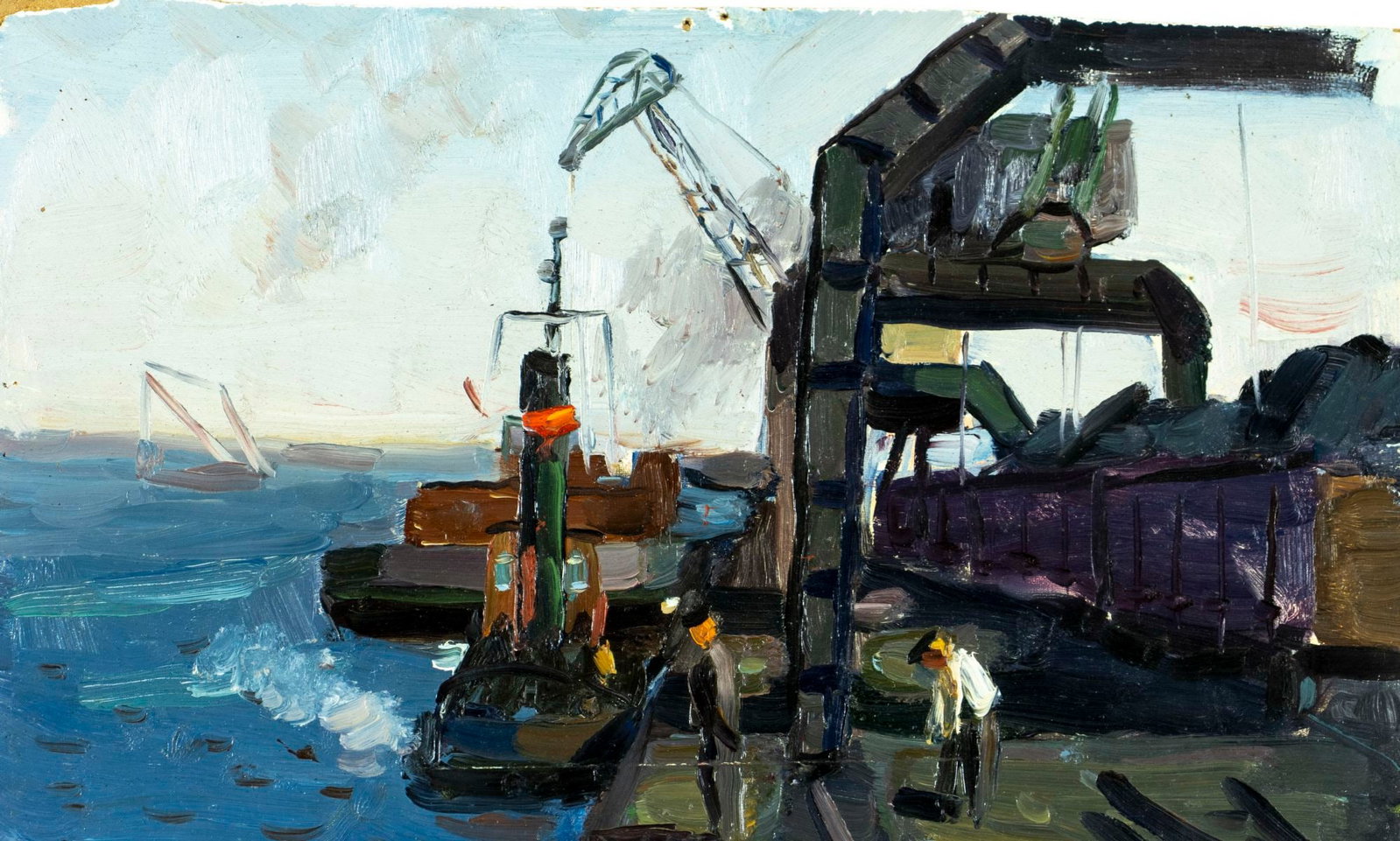 Khalmash (Russia,mid 20C) oil painting: ARTIST: Khalmash (Russian, mid 20 century) TITLE: Port Scene with Crane (titled on verso) YEAR: 1968 MEDIUM: oil on board CONDITION: Some damages to edge