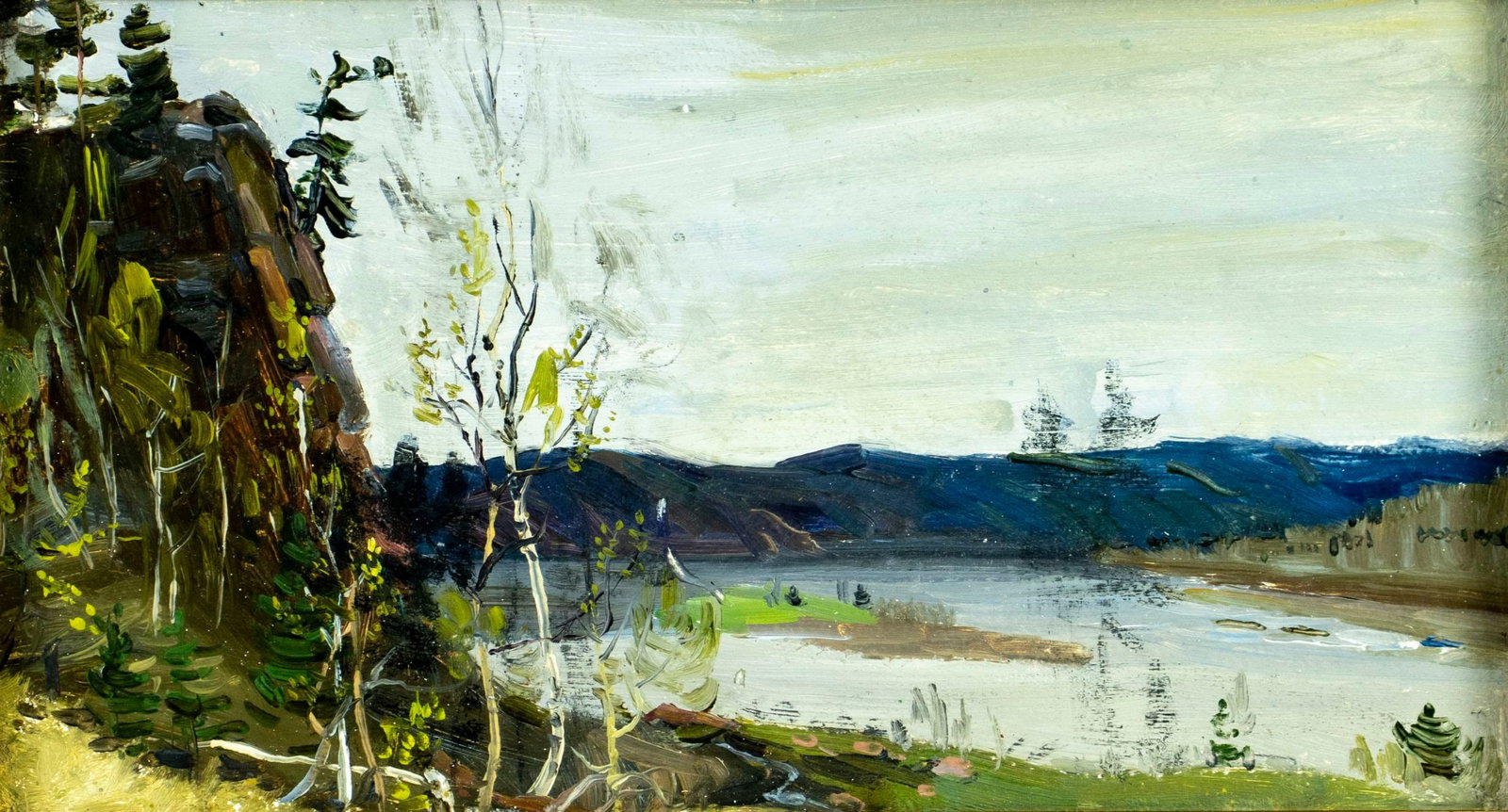 Vintage mid 20C Russian oil painting: ARTIST: - (Russia, mid 20 century) TITLE: River Landscape - Zhiguli Gates, Russia YEAR: 1950s MEDIUM: oil on board CONDITION: Few minor paint losses al