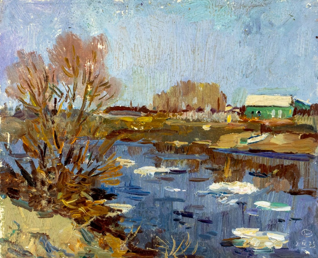 E V Soloviev (Russia,mid 20C) oil painting: ARTIST: E V Soloviev (Russian, mid 20 century) TITLE: River Landscape - Ice Drift (titled on verso) YEAR: 1973 MEDIUM: oil on board CONDITION: Some paint