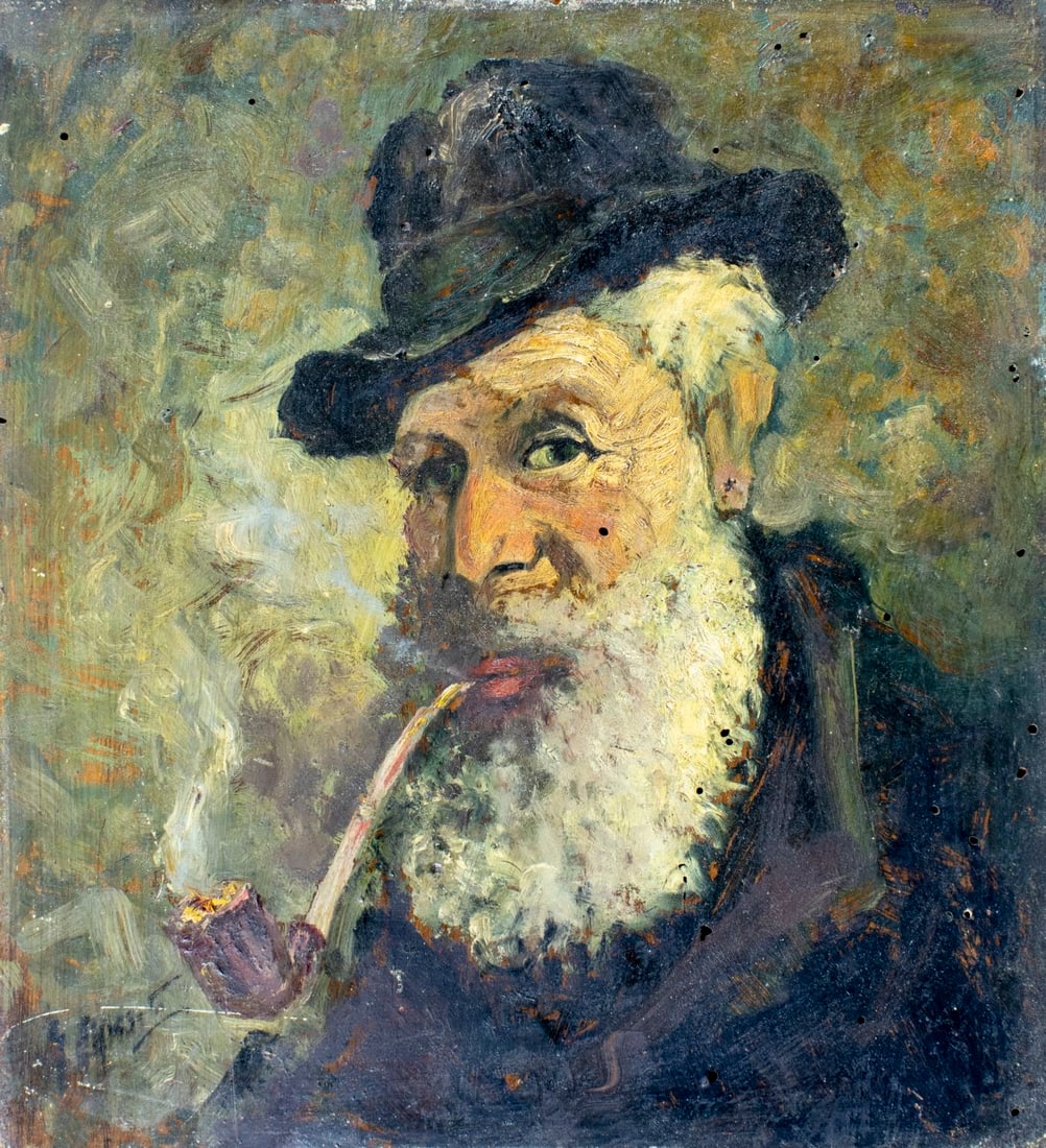 Antique early 20C European oil painting signed: ARTIST: - (Europe, early 20 century) TITLE: Portrait of Rabbi with Pipe MEDIUM: oil on board CONDITION: Minor damages to edges and corners. Some small holes (see pictures
