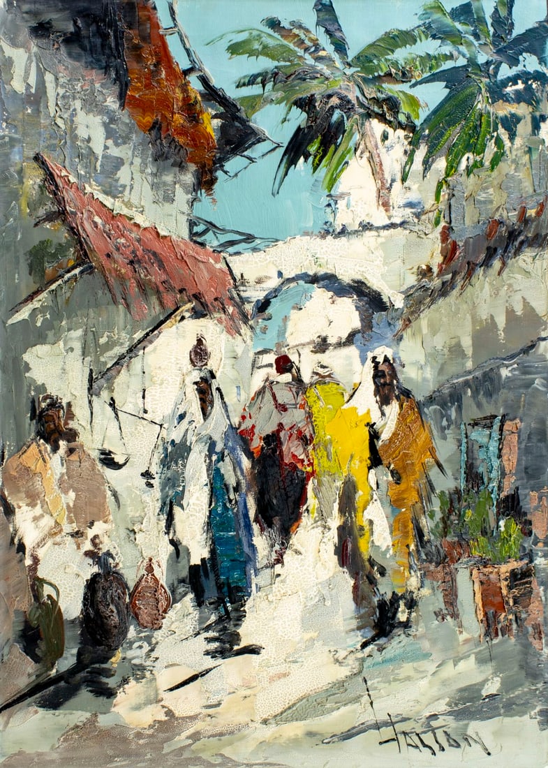 Abdul Hassan (Europe,mid 20C) oil painting: ARTIST: Abdul Hassan (European, mid 20 century) TITLE: Moroccan Street Scene MEDIUM: oil on canvas CONDITION: Missing a few flakes of paint. Some craquelure. No visible inpa