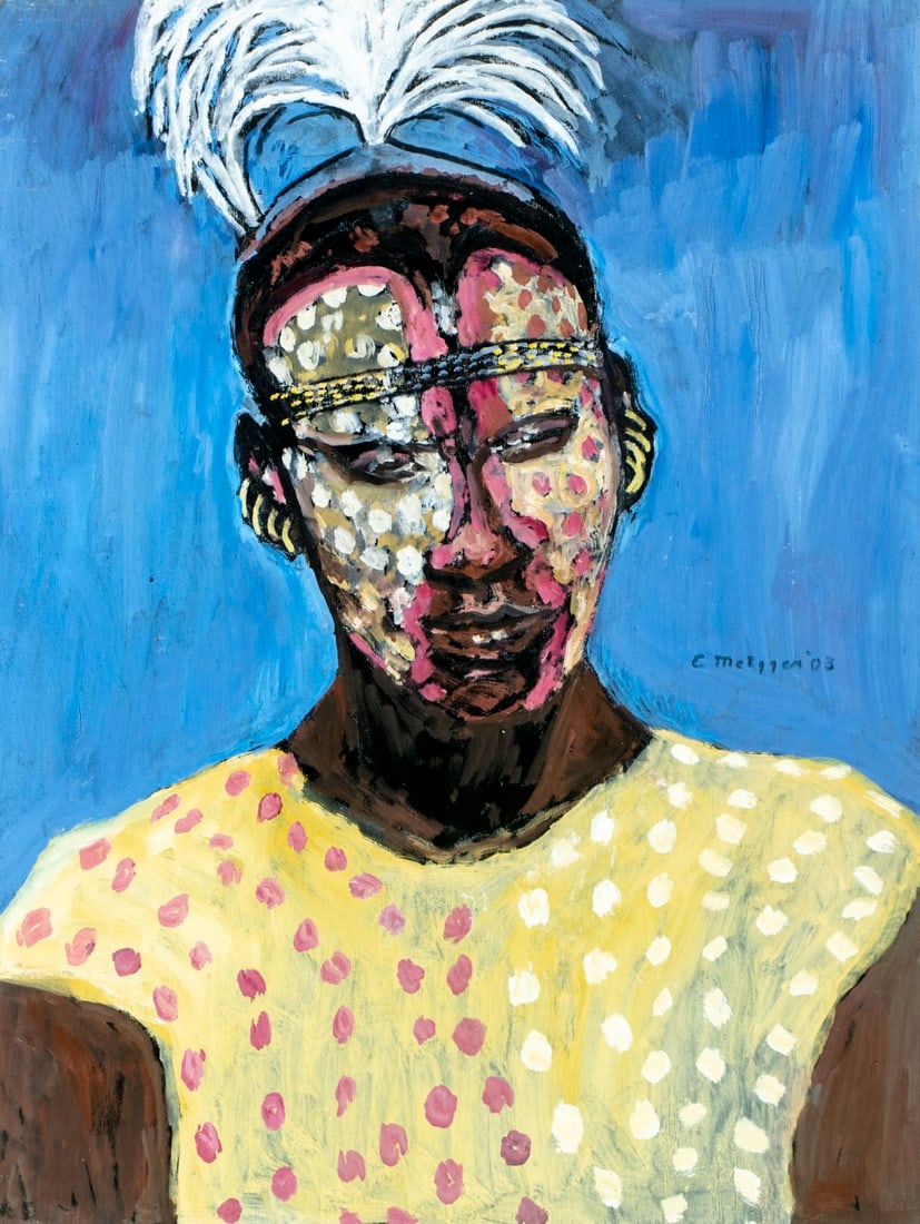 Evelyn Metzger (NY,Brazil,1911-2007) oil painting: ARTIST: Evelyn Borchard Metzger (New York, Brazilian, 1911 - 2007) TITLE: Portrait of African Tribal Woman YEAR: 2003 MEDIUM: oil on board CONDITION: Few