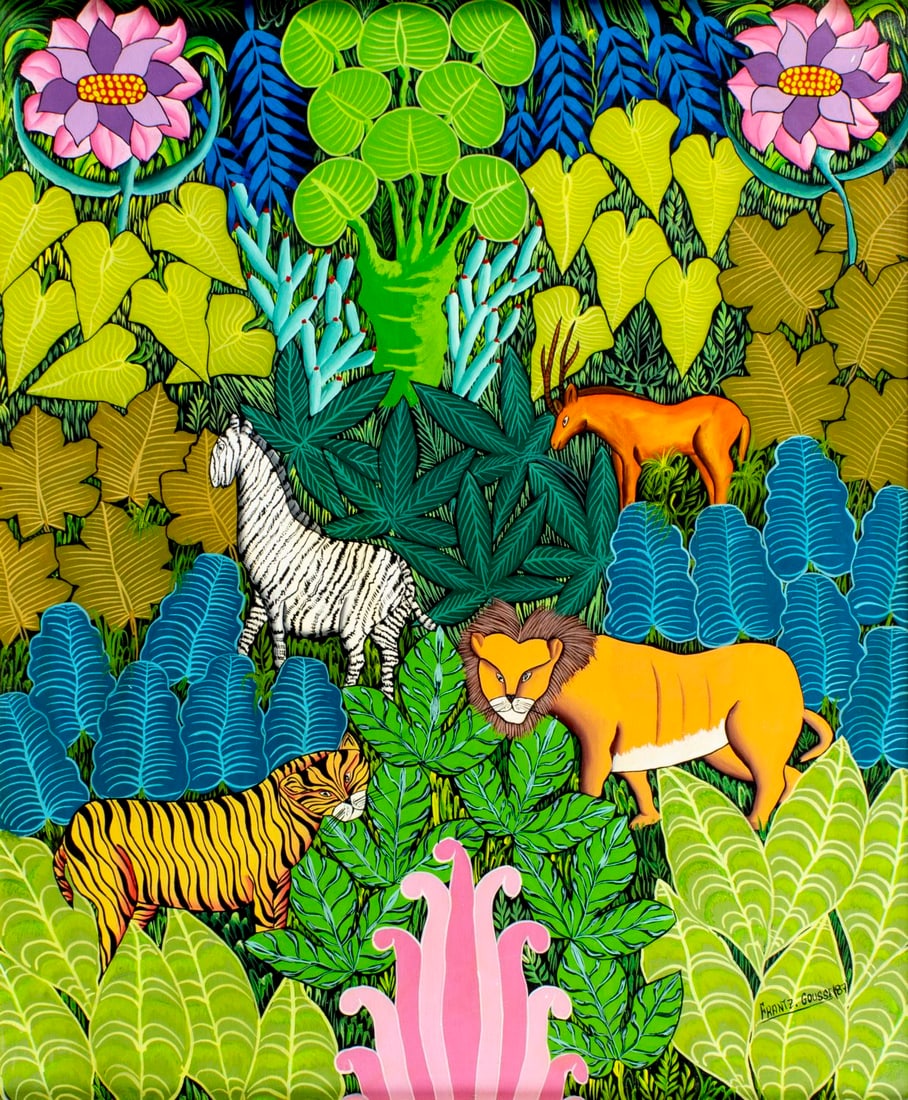 Frantz Gousse (Haiti,20C) oil painting: ARTIST: Frantz Gousse (Haitian, 20 century) TITLE: Haitian Jungle Scene with Animals YEAR: 1987 MEDIUM: oil on canvas CONDITION: Few minor paint losses.