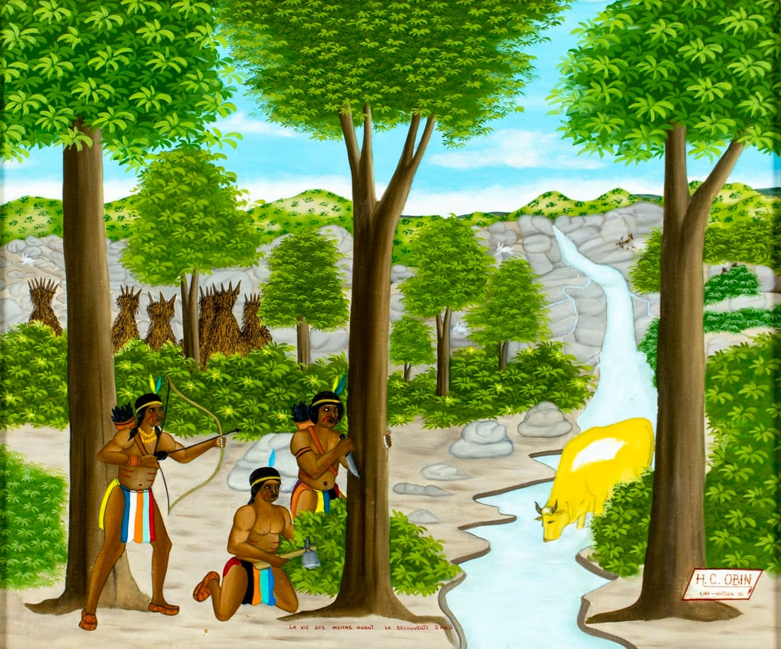 Henri Claude Obin (Haiti,1949-2000) oil painting: ARTIST: Henri Claude Obin (Haitian, 1949 - 2000) TITLE: Haitian Hunting Scene YEAR: 1981 MEDIUM: oil on board CONDITION: Few small paint losses mostly by