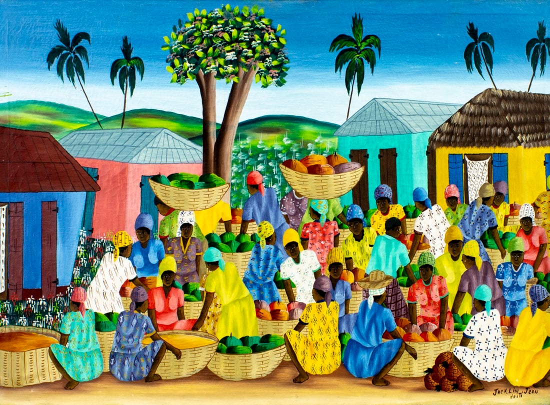 Jacklin Jean (Haiti,20C) oil painting: ARTIST: Jacklin Jean (Haitian, 20 century) TITLE: Haitian Market Scene MEDIUM: oil on canvas CONDITION: One small patch. Few minor scratches/paint losses. Some craquelure. N
