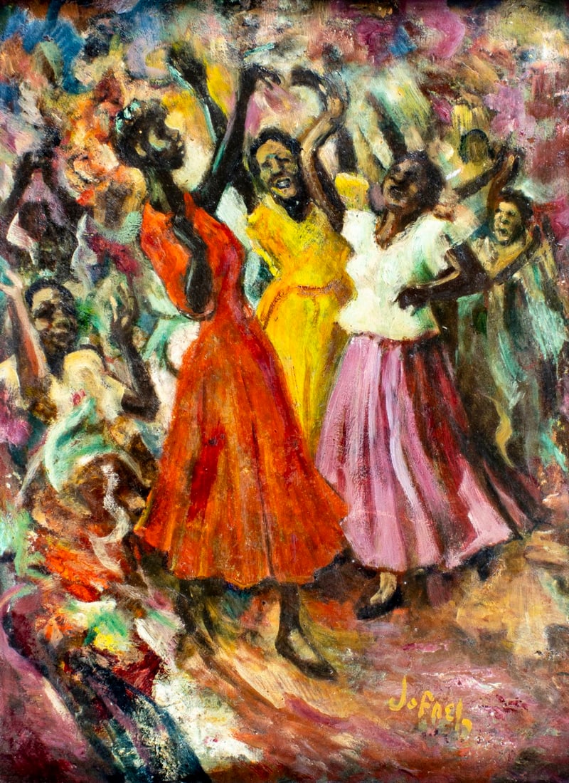 Jofnel (Haiti,20C) oil painting: ARTIST: Jofnel (Haitian, 20 century) TITLE: Haitian Dancers MEDIUM: oil on board CONDITION: Few small faint scratches. No visible inpaint under UV light. Wear to frame. <