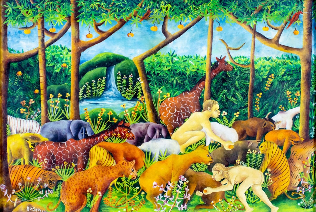 Vintage 20C Haitian oil painting signed: ARTIST: - (Haiti, 20 century) TITLE: Haitian Scene with Adam and Eve YEAR: 1975 MEDIUM: oil on board CONDITION: Some small scratches/paint losses. Some