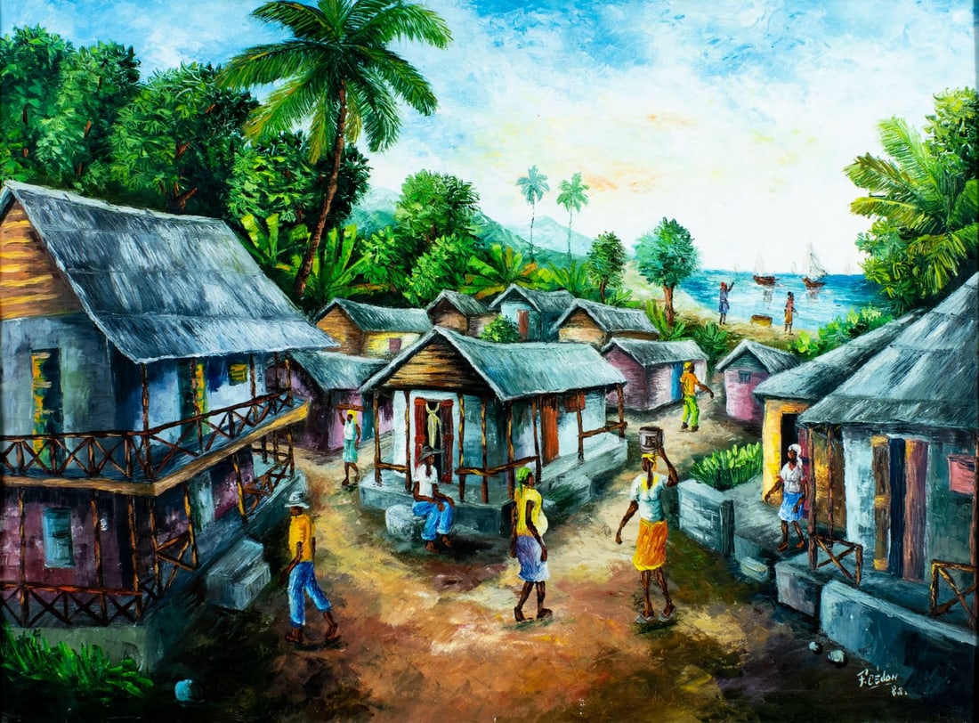 Fritzner Cedon (Haiti,20C) oil painting: ARTIST: Fritzner Cedon (Haitian, 20 century) TITLE: Haitian Village Scene YEAR: 1988 MEDIUM: oil on canvas CONDITION: Minor paint losses mostly by the lo
