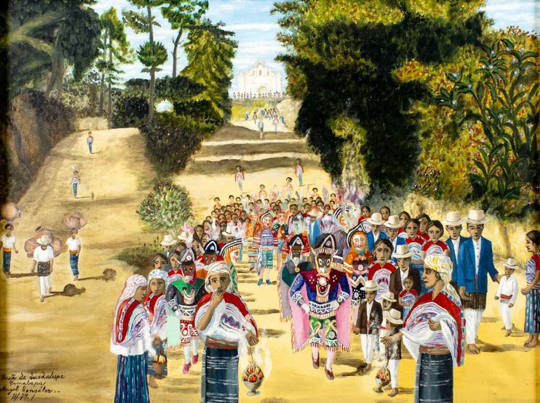 Angel Gonzalez (Guadeloupe,20C) oil painting: ARTIST: Angel Gonzalez (Guadeloupe, 20 century) TITLE: Fiesta de Guadalupe YEAR: 1977 MEDIUM: oil on canvas CONDITION: Some craquelure. No visible inpain