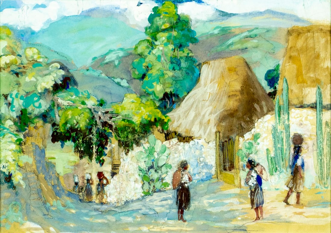 Vintage mid 20C American mixed media painting: ARTIST: - (American, mid 20 century) TITLE: Mexican Village Landscape MEDIUM: mixed media on paper CONDITION: Some paint losses mostly in the upper left quadrant. Framed und