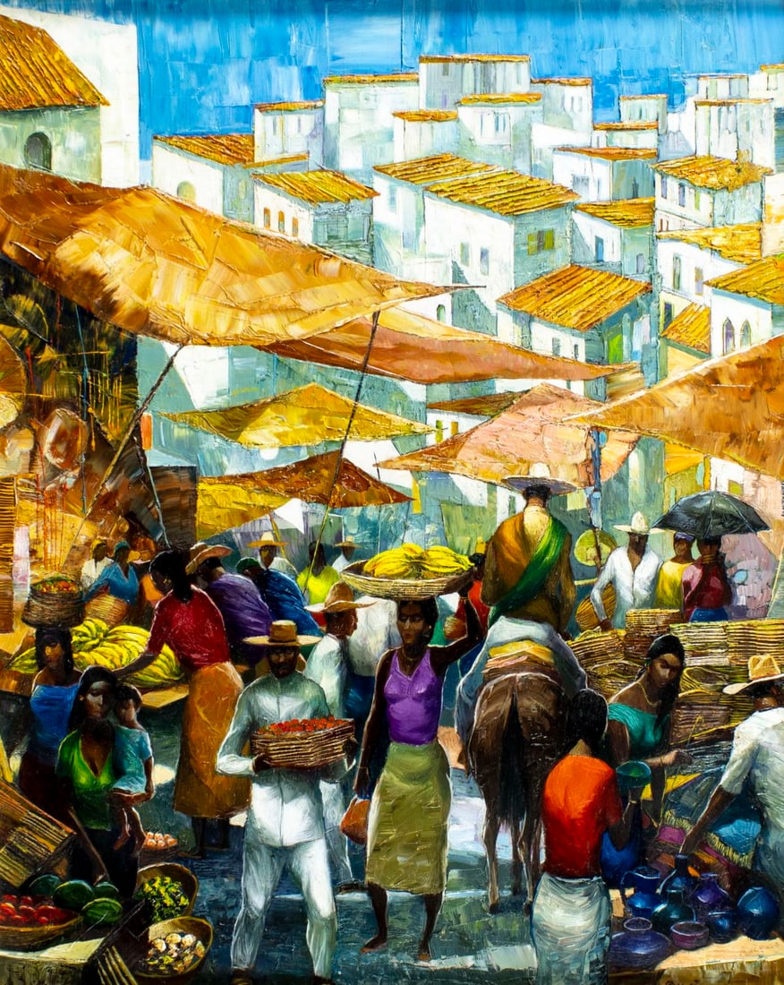 George Russin (FL,1910-2010) oil painting: ARTIST: George Russin (Florida, 1910 - 2010) TITLE: Going to Market, Mexico (titled on verso) MEDIUM: oil on board CONDITION: Very good. No visible inpaint under UV light.