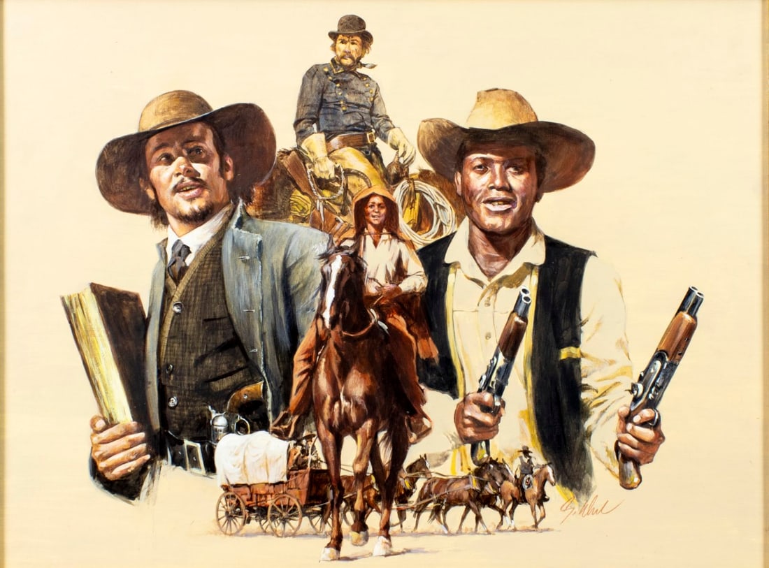 Guy Deel (CA,1933-2005) oil painting: ARTIST: Guy Deel (California, 1933 - 2005) TITLE: Buck And The Preacher (titled on verso) YEAR: 1972 MEDIUM: oil on board CONDITION: Few small faint sc