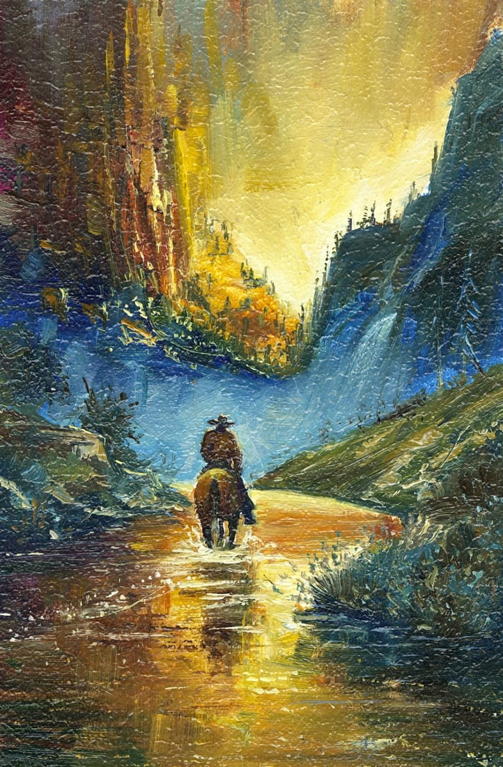 Sergey Kozachkin (Ukraine,b 1965) oil painting: ARTIST: Sergey Vasilievich Kozachkin (Ukraine, born 1965) TITLE: Cowboy on Horse in Canyon MEDIUM: oil on board CONDITION: Very good. No visible inpaint under UV light. <