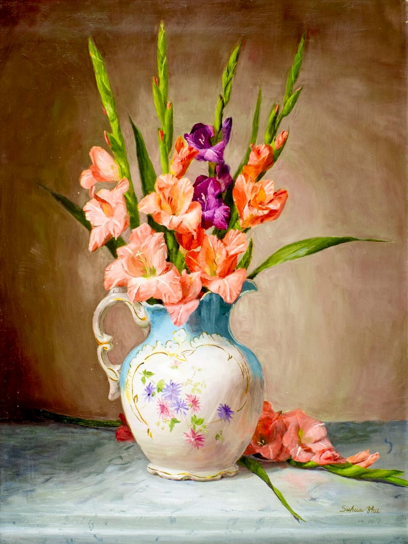 Suhua Zhu (US,China,20C) oil painting: ARTIST: Suhua Zhu (American, Chinese, 20 century) TITLE: Still Life with Gladioli MEDIUM: oil on canvas CONDITION: Unstretched (In-House stretching available) (In-House stre