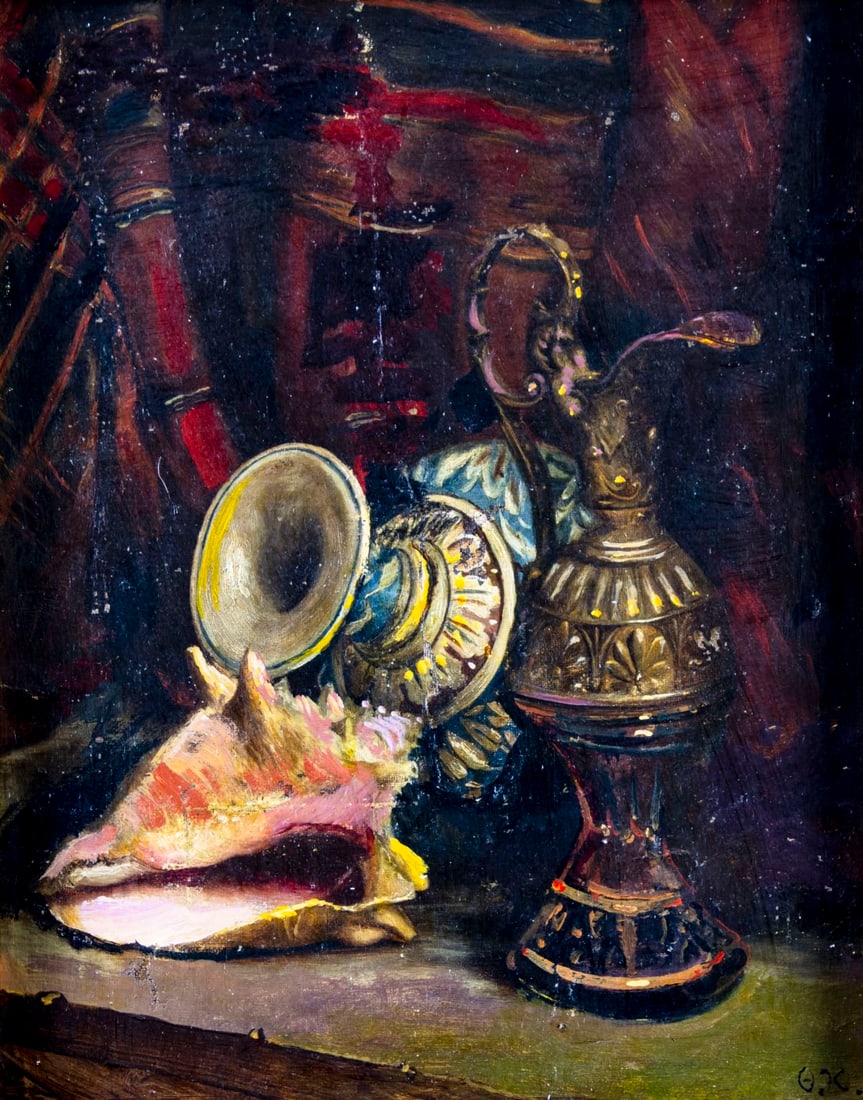 Antique early 20C European oil painting signed: ARTIST: - (European, early 20 century) TITLE: Still Life with Pitchers and Shell MEDIUM: oil on board CONDITION: Some small paint losses. Some scattered inpaintings/touch