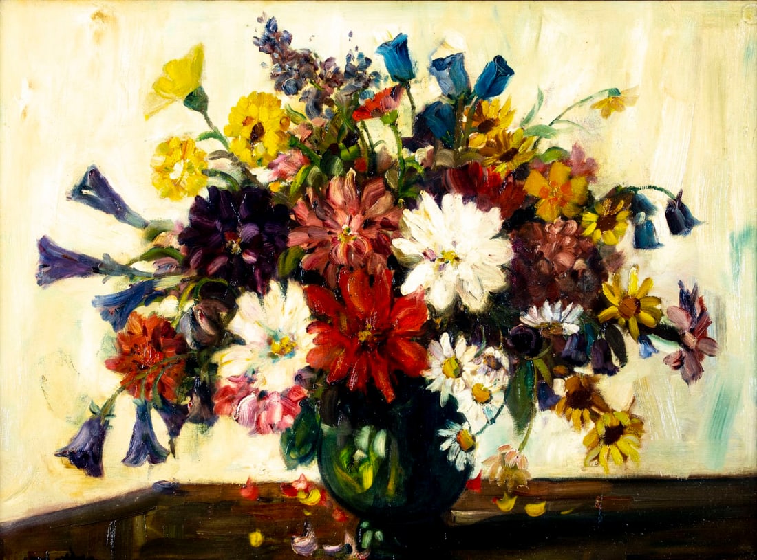 Antique early 20C American oil painting signed: ARTIST: - (American, early 20 century) TITLE: Still Life with Vase of Flowers MEDIUM: oil on canvas CONDITION: One patch. Missing a few flakes of paint. Few small inpainti