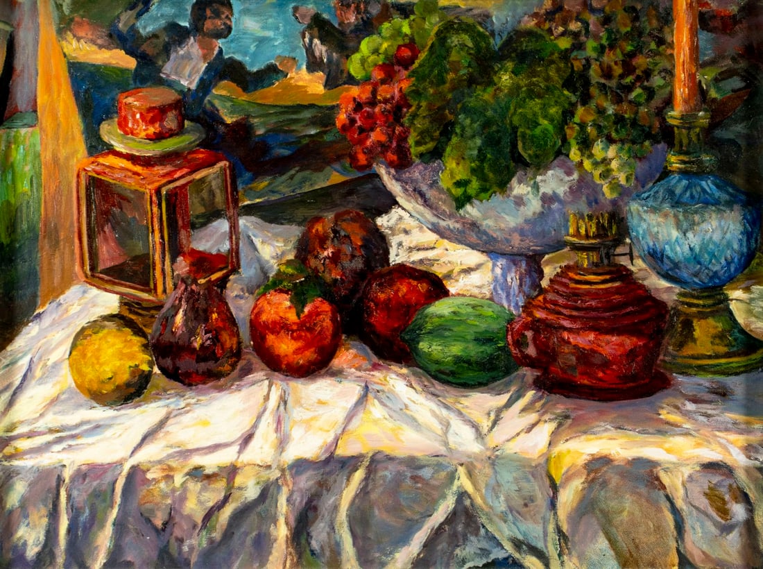 Zafiroglu (US,20C) oil painting: ARTIST: Zafiroglu (American, 20 century) TITLE: Tabletop Still Life with Fruit MEDIUM: oil on canvas CONDITION: Overall good. No visible inpaint under UV light. Wear to fram