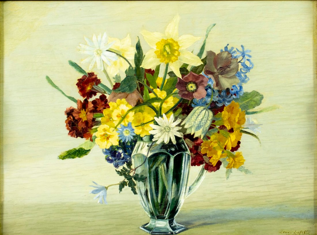 Louis Lafitte (France,early 20C) oil painting antique: ARTIST: Louis Lafitte (French, early 20 century) TITLE: Still Life with Vase of Flowers MEDIUM: oil on board CONDITION: Some horizontal surface cracks. Few minor paint losse