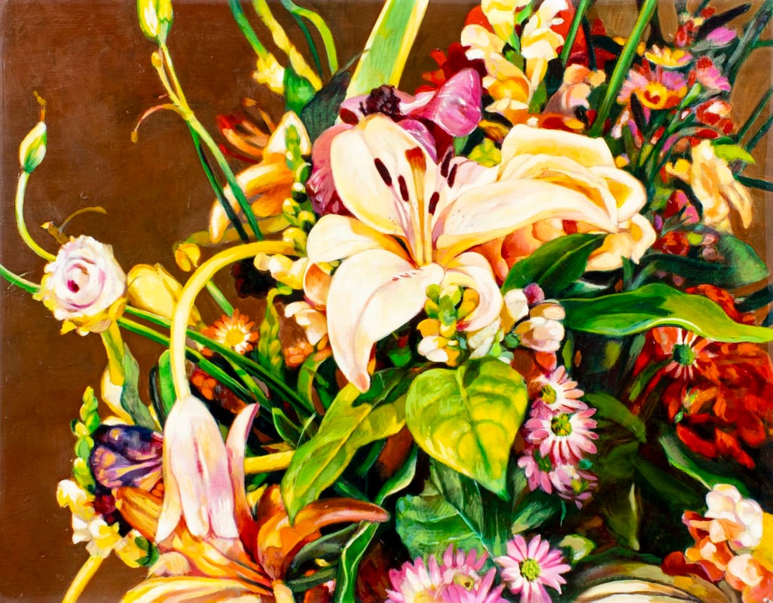 Grace Clark (PA,1939-2025) oil painting: ARTIST: Grace Runnette Clark (Pennsylvania, 1939 - 2025) TITLE: Floral Still Life MEDIUM: oil on canvas CONDITION: Few small paint losses along edges. No visible inpaint und