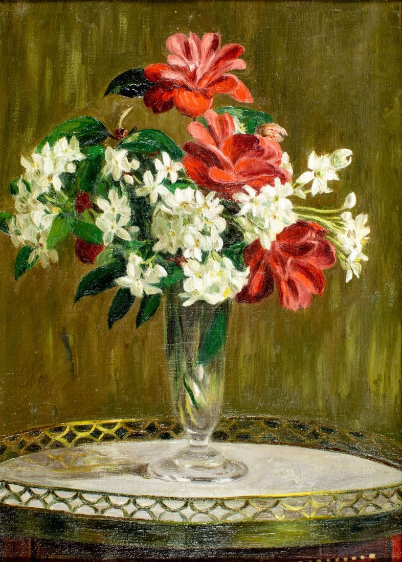 Felix J Gardon (France,1924-1972) oil painting: ARTIST: Felix J Gardon (French, act. 1924 - 1972) TITLE: Still Life with Vase of Flowers MEDIUM: oil on canvas CONDITION: Missing a few flakes of paint. No visible inpain