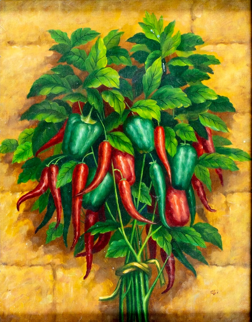 Vintage 20C American oil painting: ARTIST: - (American, 20 century) TITLE: Still Life with Chili Peppers MEDIUM: oil on canvas. Canvas applied to board. CONDITION: Few minor paint losses. Minor craquelure.
