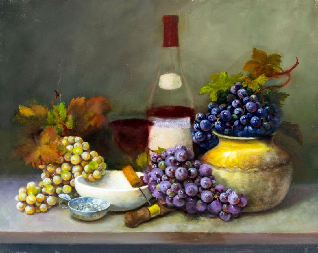 W Pater (US,20C) oil painting: ARTIST: W Pater (American, 20 century) TITLE: Still Life with Grapes and Wine Bottle MEDIUM: oil on canvas CONDITION: Few small scratches. No visible inpaint under UV light.