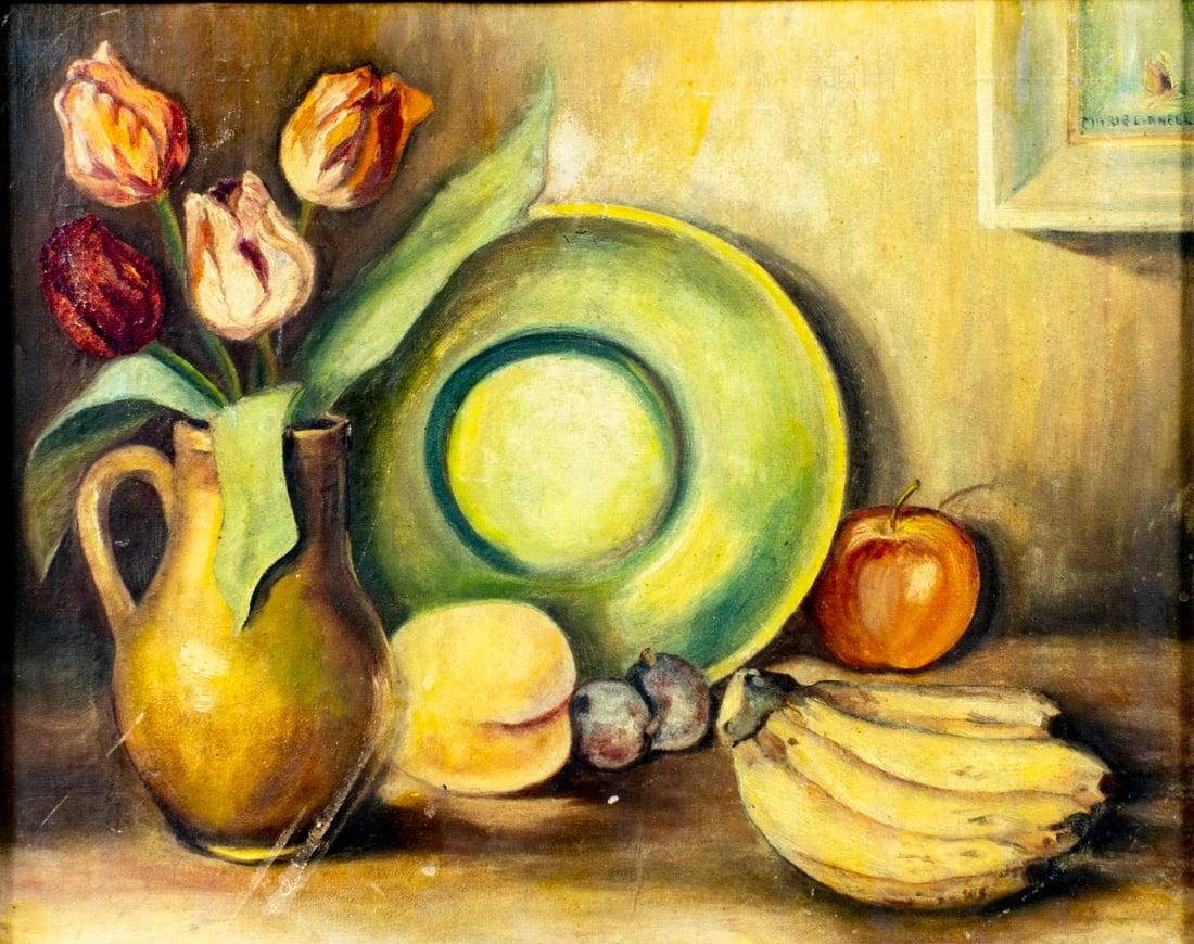 Marie Linnell (US,20C) oil painting: ARTIST: Marie Linnell (American, 20 century) TITLE: Still Life with Vase of Tulips and Fruit MEDIUM: oil on canvas. Canvas applied to board. CONDITION: Some scratches/paint