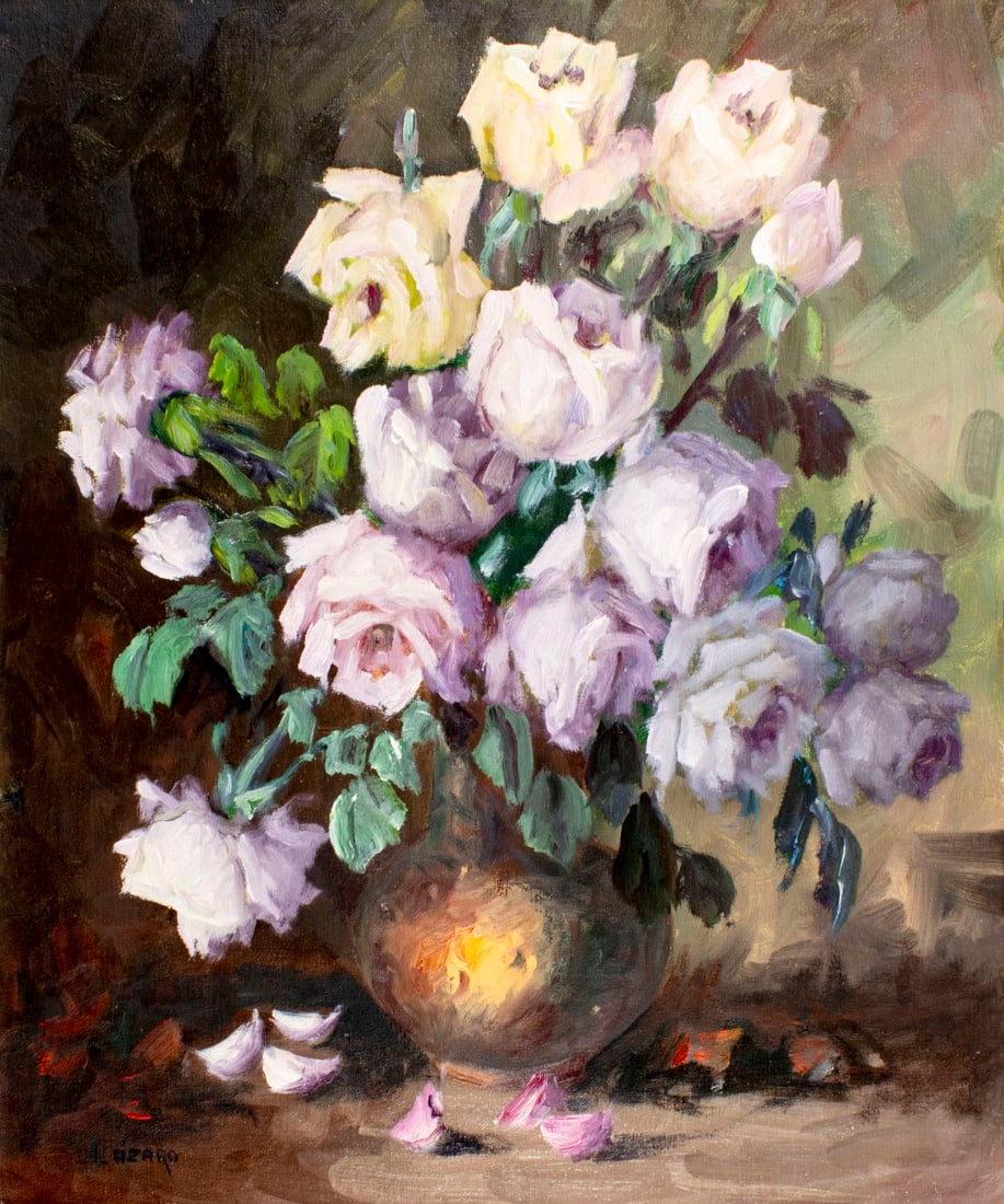 V Lazaro (Spain,1929-?) oil painting: ARTIST: V Lazaro (Spanish, 1929 - ???) TITLE: Still Life with Vase of Roses MEDIUM: oil on canvas CONDITION: Unstretched (In-House stretching available) (In-House stretching