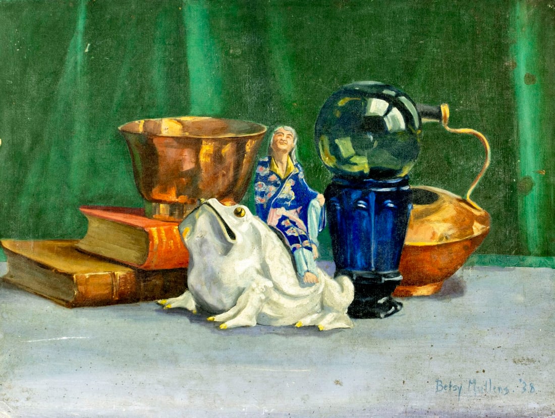 Betsy Mullens (US,mid 20C) oil painting antique: ARTIST: Betsy Mullens (American, mid 20 century) TITLE: Still Life YEAR: 1938 MEDIUM: oil on canvas board CONDITION: Some damages to the corners and the