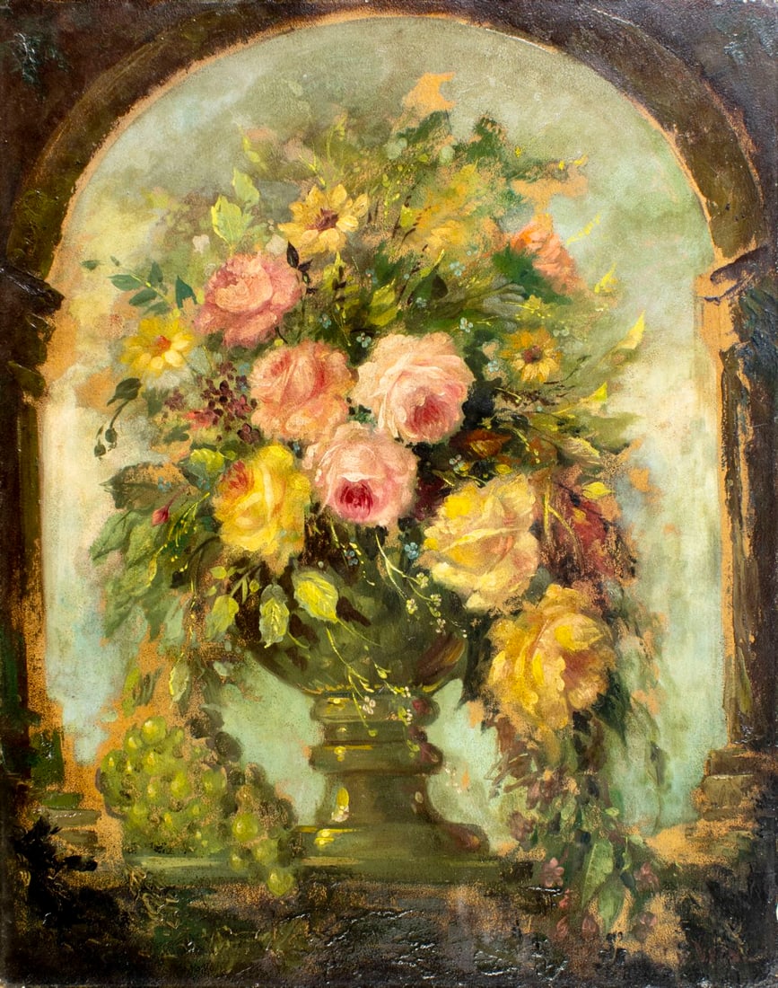 Van Veen (Dutch,early 20C) oil painting antique: ARTIST: Van Veen (Netherlands, early 20 century) TITLE: Still Life with Vase of Flowers MEDIUM: oil on board CONDITION: Some damages to edges and corners. Few small paint lo