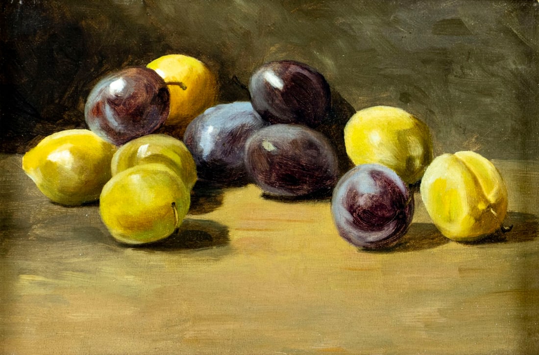 Antique 19C American oil painting: ARTIST: - (American, 19 century) TITLE: Still Life with Plums MEDIUM: oil on canvas CONDITION: Relined. Some scattered small inpaintings/touch ups. Normal wear to frame.